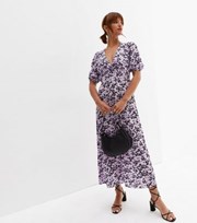 New Look Lilac Ditsy Floral V Neck Short Puff Sleeve Twist Front Midi Dress